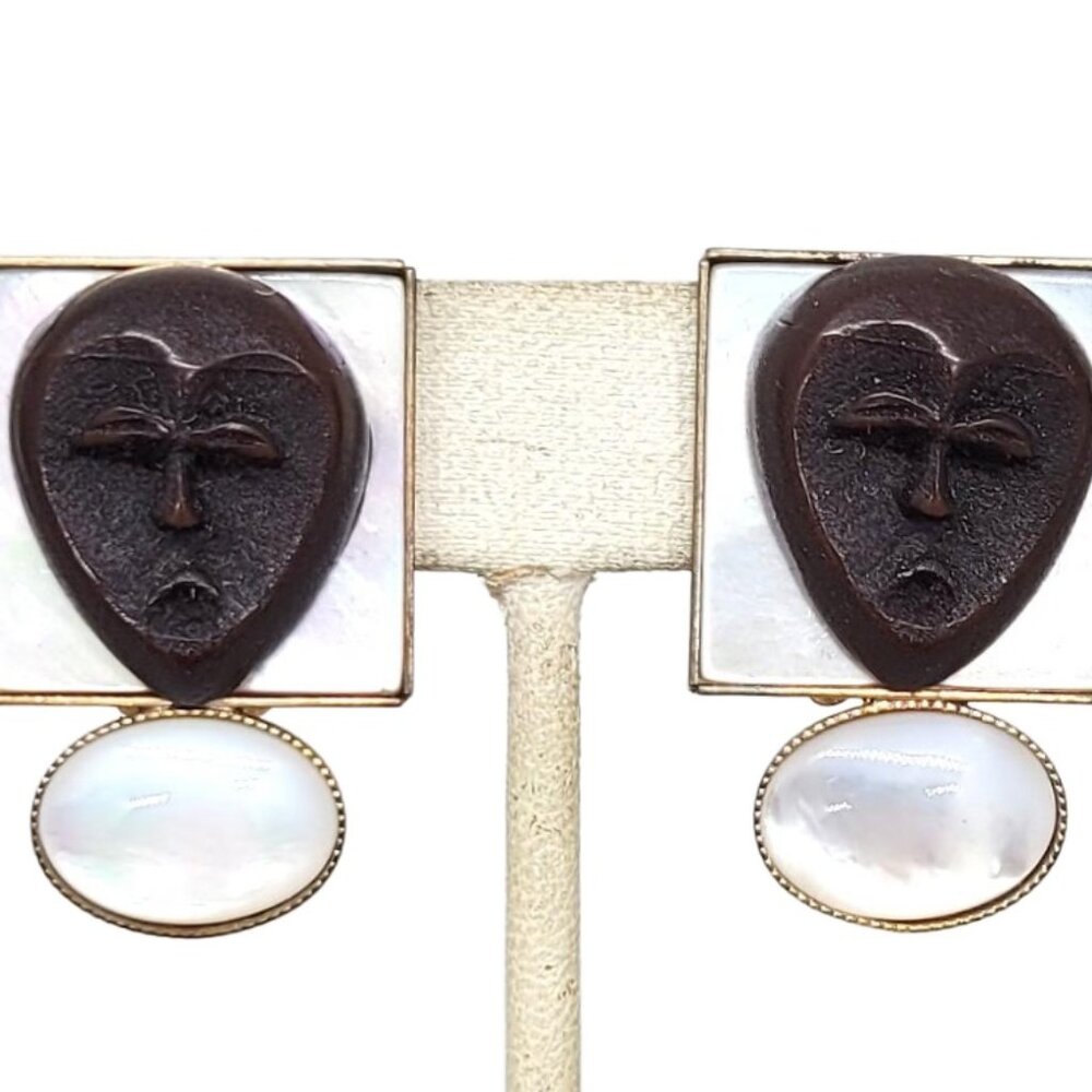 Vintage Signed Philippe Ferrandis Paris African Mask Clip Earrings